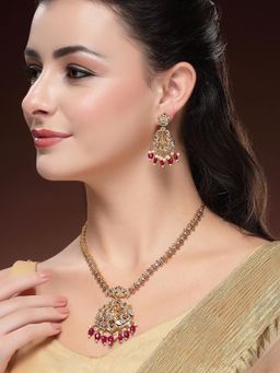 Karatcart - Traditional Gold Plated Red Stone Laxmi Mata Temple Necklace With Earrings