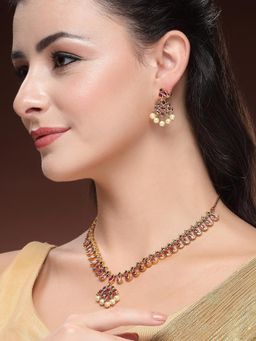 Karatcart - Traditional Gold Plated Pink and Green Stone Classic Necklace With Earrings