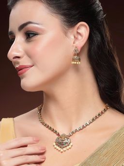 Karatcart - Traditional Gold Plated Red and Green Stone Laxmi Mata Temple Necklace With Earrings