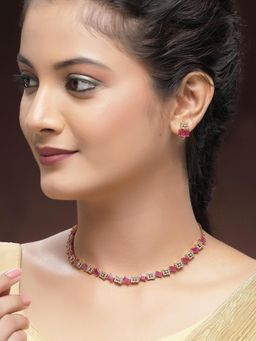 Karatcart - Stylish Gold-Plated Red and White American Diamond Necklace With Earrings