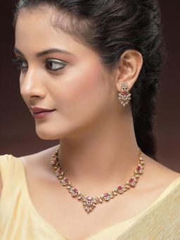 Karatcart - Designer Gold-Plated Red American Diamond Floral Necklace With Earrings