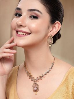 Karatcart - Designer Gold-Plated Pink American Diamond Necklace With Earrings