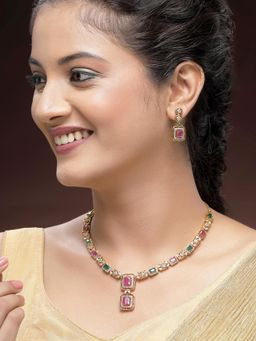 Karatcart - Elegant Gold-Plated Pink and Green American Diamond Necklace With Earrings