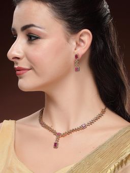 Karatcart - Delicate Gold-Toned Necklace With Earrings with Ruby Pink Stones