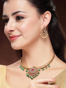Karatcart - Traditional Gold-Plated Red and Green Stones Temple Necklace With Earrings