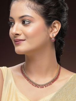 Karatcart - Elegant Gold-Plated Pink Drop American Diamond Necklace With Earrings