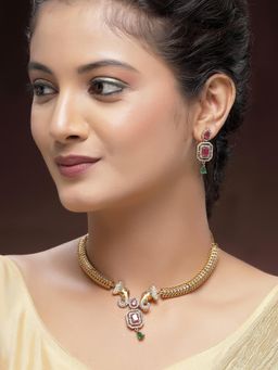 Karatcart - Royal Gold-Plated Elephant Motif American Diamond Temple Necklace With Earrings