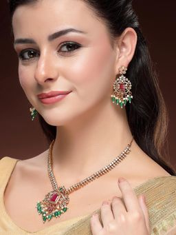 Karatcart - Designer Gold Plated Red and Green Stones Studded Temple Necklace With Earrings