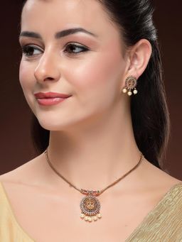 Karatcart - Delicate Gold-Plated Lightweight Laxmi Mata Temple Necklace With Earrings