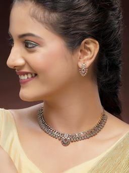 Karatcart - Elegant Gold-Plated Teardrop Red American Diamond Necklace With Earrings