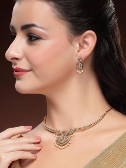 Karatcart - Delicate Gold-Plated Red Stone Studded Laxmi Mata Temple Necklace With Earrings