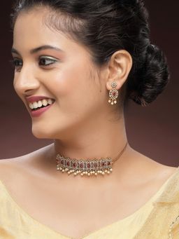 Karatcart - Designer Gold-Plated Red American Diamond and Pearl Choker Necklace With Earrings