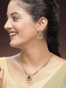 Karatcart - Green Oval Stone and Pearl Drop American Diamond Necklace With Earrings