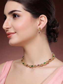 Karatcart - Traditional Red and Green American Diamond Temple Necklace With Earrings