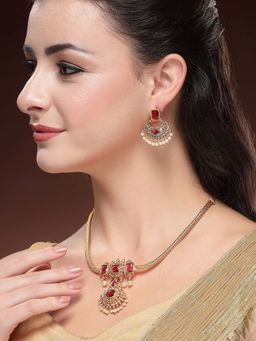 Karatcart - Traditional Gold Plated Floral Red Stone Temple Necklace With Earrings