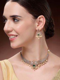Karatcart - Royal Green American Diamond Temple Necklace With Earrings