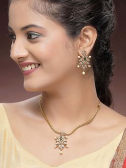 Karatcart - Designer Gold-Plated Green American Diamond and Pearl Necklace With Earrings