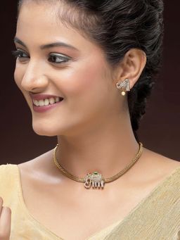 Karatcart - Designer Gold-Plated Elephant Motif American Diamond Temple Necklace With Earrings