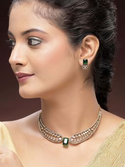 Karatcart - Elegant Gold-Plated Green American Diamond Necklace With Earrings