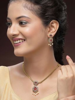 Karatcart - Elegant Gold-Plated Red Drop American Diamond and Pearl Necklace With Earrings