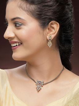 Karatcart - Elegant Gold-Plated Leaf Design Purple American Diamond Necklace With Earrings