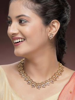 Karatcart - Designer Gold-Plated Peacock Design American Diamond Temple Necklace With Earrings