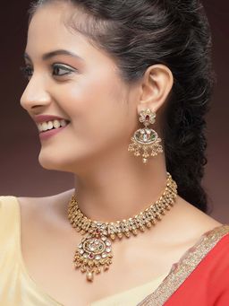 Karatcart - Designer Gold-Plated Floral Kundan Necklace With Earrings