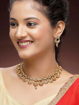 Karatcart - Designer Gold-Plated Green Kundan Necklace With Earrings