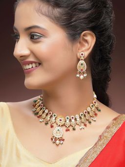 Karatcart - Designer Gold-Plated Red and Green Stone Floral Drop Necklace With Earrings