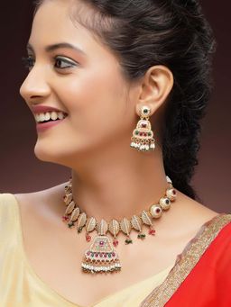 Karatcart - Designer Gold-Plated Red and Green Crystal Choker Necklace With Earrings