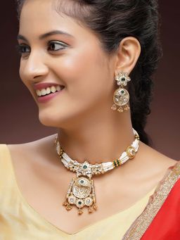 Karatcart - Designer Gold-Plated Green Crystal and Pearl Necklace With Earrings