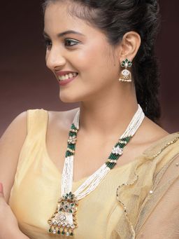 Karatcart - Designer Gold-Plated Green Kundan and Meenakari Rani Haar Necklace With Earrings