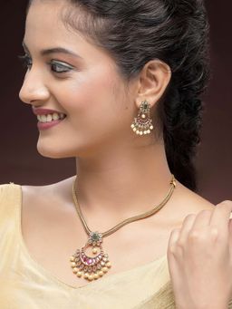 Karatcart - Elegant Gold Plated Red and Green Stone Necklace With Earrings