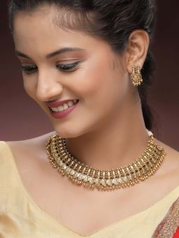 Karatcart - Traditional South Indian Gold Plated Laxmi Mata Temple Necklace With Earrings