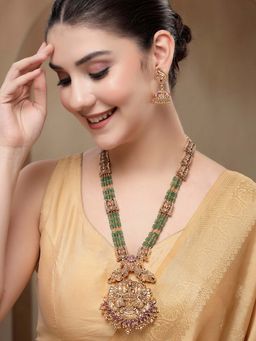 Karatcart - Traditional Gold Plated Green Crystal Temple Necklace With Earrings