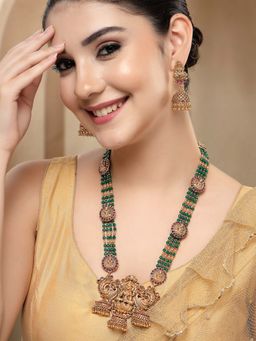 Karatcart - Traditional Gold-Plated Green Crystal Beaded Lakshmi Necklace With Earrings
