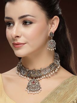 Karatcart - Black Gold Plated Red Stone Laxmi Mata Temple Necklace With Earrings