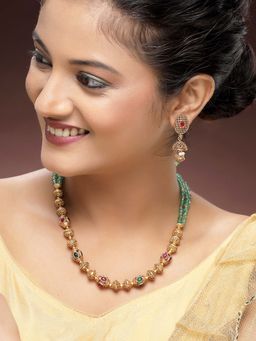 Karatcart - Traditional Green Crystal Multilayer Rani Haar Temple Necklace With Earrings