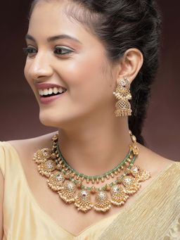 Karatcart - Traditional Gold Plated Green Crystal Multilayer Temple Necklace With Earrings