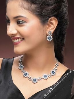 Karatcart - Designer Silver-Plated Floral Blue American Diamond Necklace With Earrings