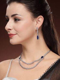 Karatcart - Designer Silver-Plated Dual-Layered Blue American Diamond Necklace With Earrings