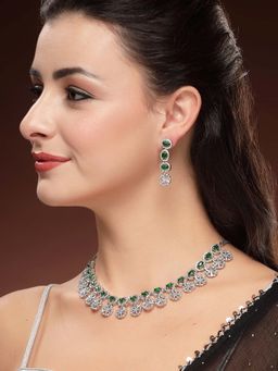 Karatcart - Sparkling Silver-Plated Green Floral American Diamond Necklace With Earrings