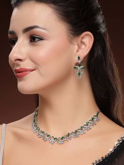 Karatcart - Designer Silver-Plated Leaf Motif Green American Diamond Necklace With Earrings