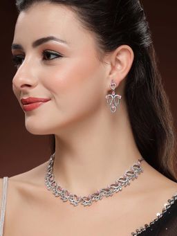 Karatcart - Designer Silver-Plated Leaf Motif Pink American Diamond Necklace With Earrings
