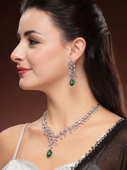 Karatcart - Designer Silver-Plated Green Teardrop American Diamond Necklace With Earrings