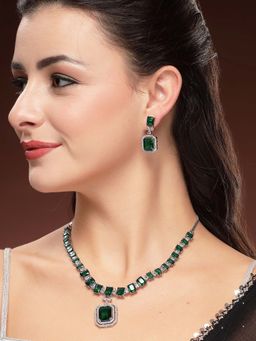 Karatcart - Silver-Plated Emerald-Cut Green American Diamond Necklace With Earrings