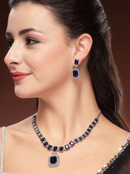 Karatcart - Silver-Plated Emerald-Cut Blue American Diamond Necklace With Earrings