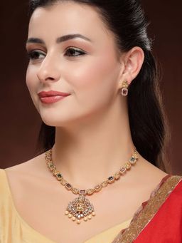 Karatcart - Designer Gold Plated Multicolor Stone Laxmi Mata Temple Necklace With Earrings