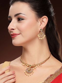 Karatcart - Designer Gold Plated Green Stone Laxmi Mata Temple Necklace With Earrings