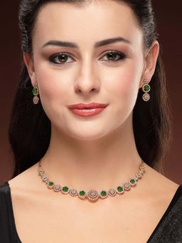 Karatcart - Designer Gold-Plated Green Stone Studded Temple Necklace With Earrings
